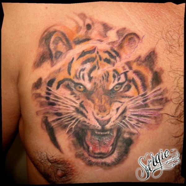 Фото тату Рычащий тигр на груди