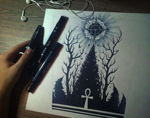 Фото тату Темный лес и деревья с знаком