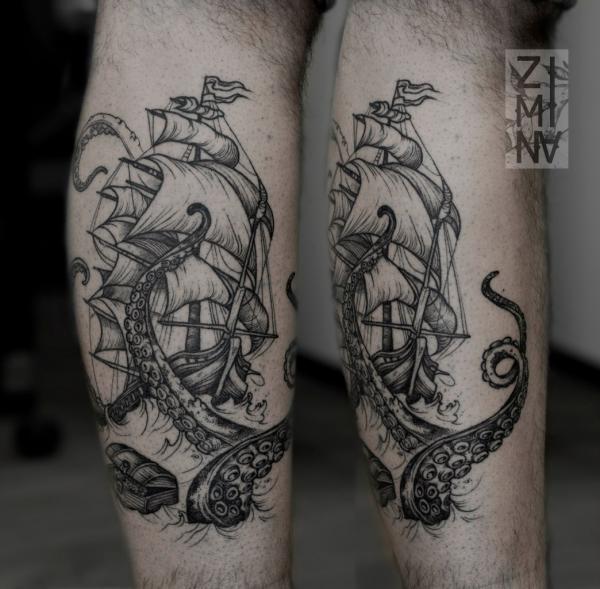 Фото тату Пиратский корабль и осьминог