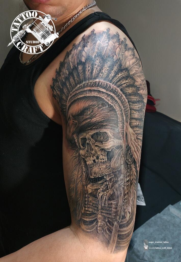 Grey Ink Charra Tattoo On Full Sleeve by Manuel Salazar