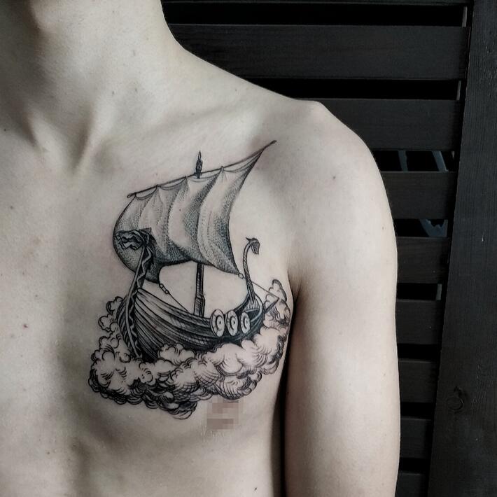 Man Chest Colored Viking Ship Tattoo