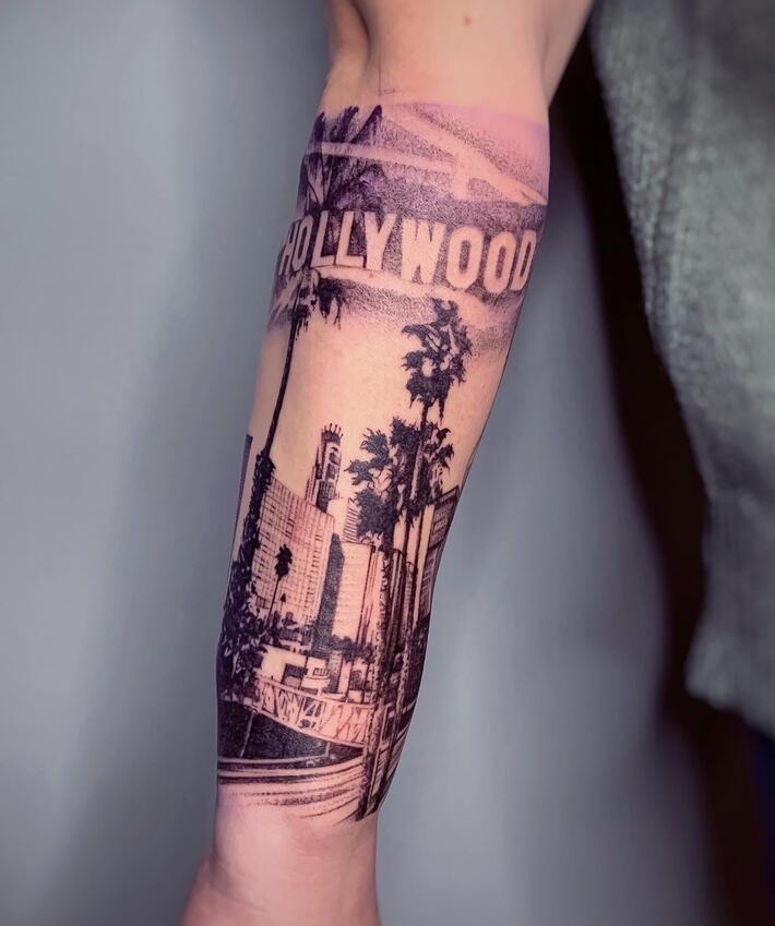 Scars  Stories Tattoo  Added the Hollywood sign to Darrangers leg sleeve  in progress Thanks dude Work by Chris Biz Johnson cjohnsontattoos   Facebook