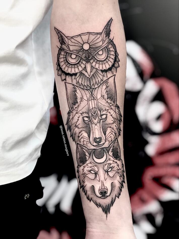 Everyone else has a wolf tattoo I wanted a coyote  plus a cliché owl    his bear friend  rcoyote