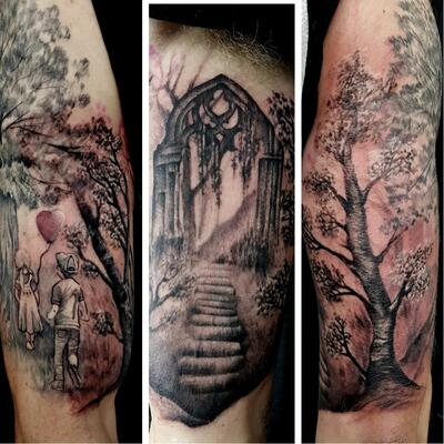 realistic and silhouette trees tattoos done at Masterpiece Tattoo by Brian