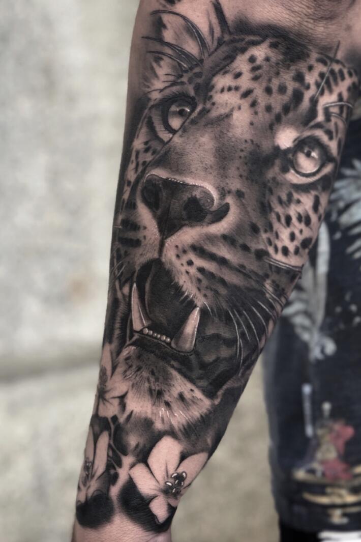 Black & Grey Realistic Felines Ocelot, Leopard & Tiger Full Arm Sleeve  Tattoo