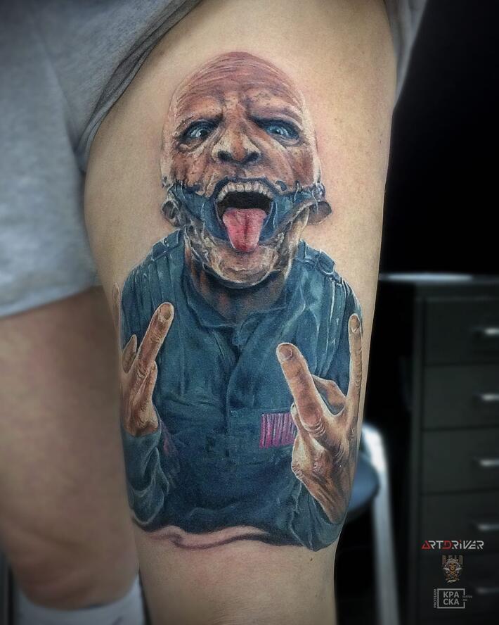 Tattoo uploaded by Eric Squires  The crypt keeper from Tales from the Crypt  Started a leg piece last night we are going to be adding the Exorcist  Leather Face and Pinhead 