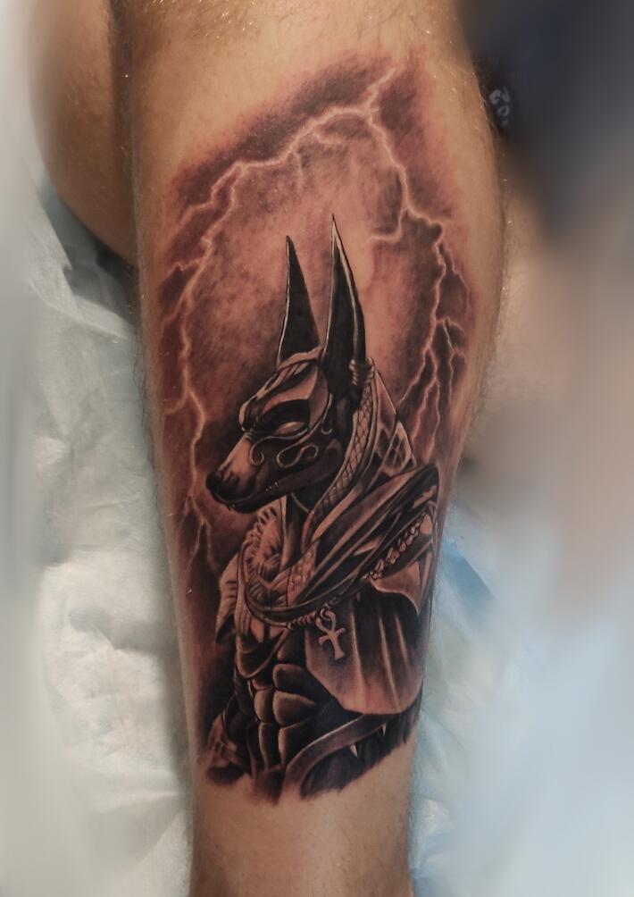 Tattoo of Nasus chewing on his cane featuring hairy leg hair   rleagueoflegends