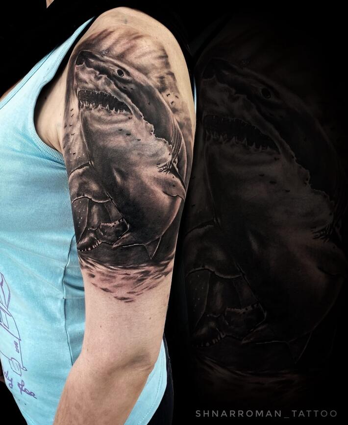 Progress shot of Grant's leg sleeve . #brisbanetattoo #blackandgreytattoo # sharktattoo #brisbaneartist #bng #inkedup #tattooart #tattoo | Instagram