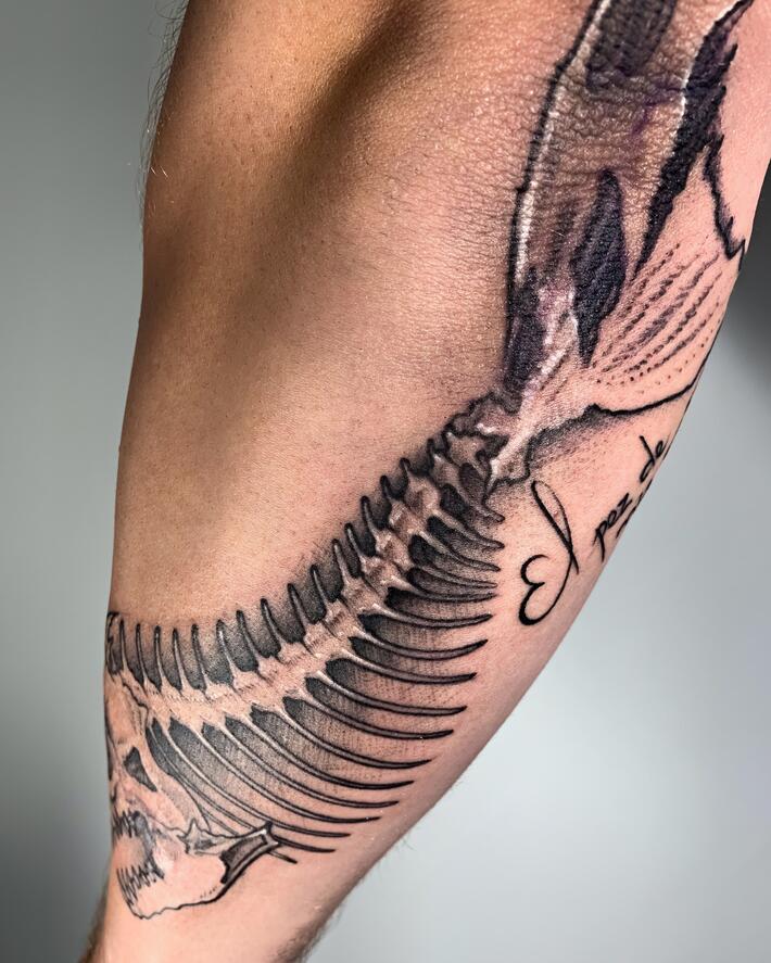 Black Ink Whale Tattoo On Half Sleeve by Pepe Vicio