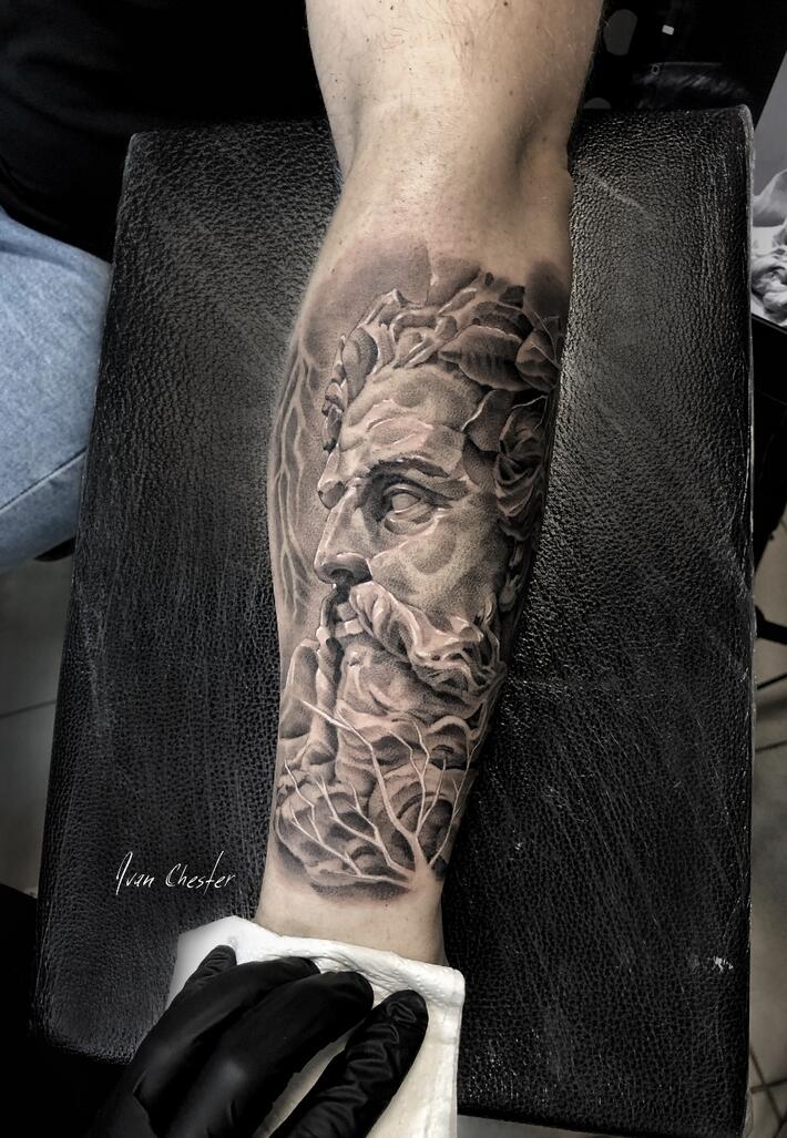 Half sleeve - wolf and rose for the inner forearm, zeus and clock for the  outer forearm Books are open for June Done at @lunainkstudio ... | Instagram