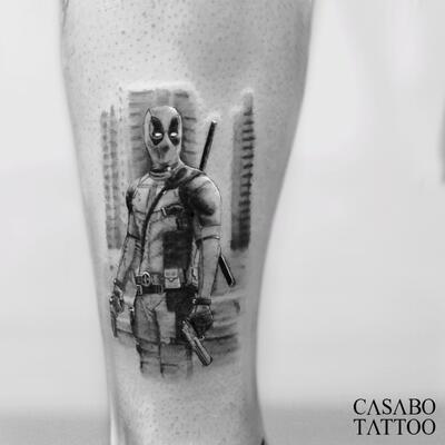 Deadpool tattoo  Leg sleeve tattoo Deadpool tattoo Calf tattoo