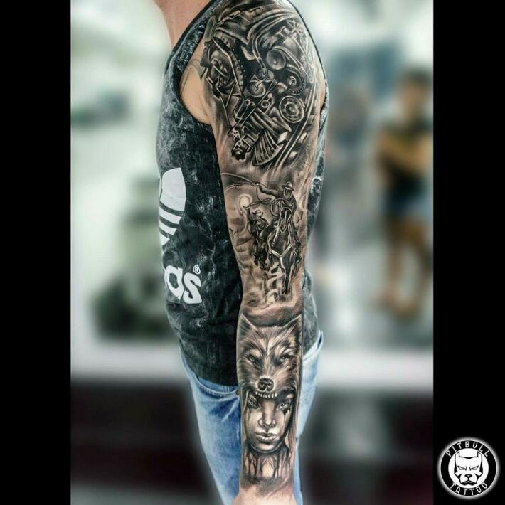Pitbull Tattoo Phuket - An Amazing full Sleeve Black & Grey Realistic Style  ⚪⚫ Made by Ton🇹🇭 | Facebook