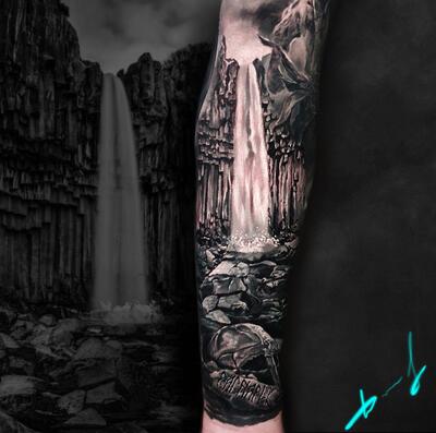 Waterfall and Moon Tattoo in 2023  Tattoos Nature tattoos Calf sleeve  tattoo
